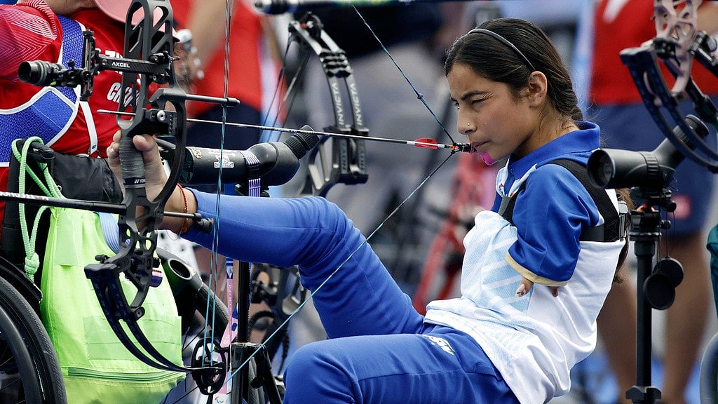 Archer Sheetal Devi from India prepares to fire during the Paralympic Games in Paris on Thursday, Aug. 29, 2024. - AP/Felix Scheyer